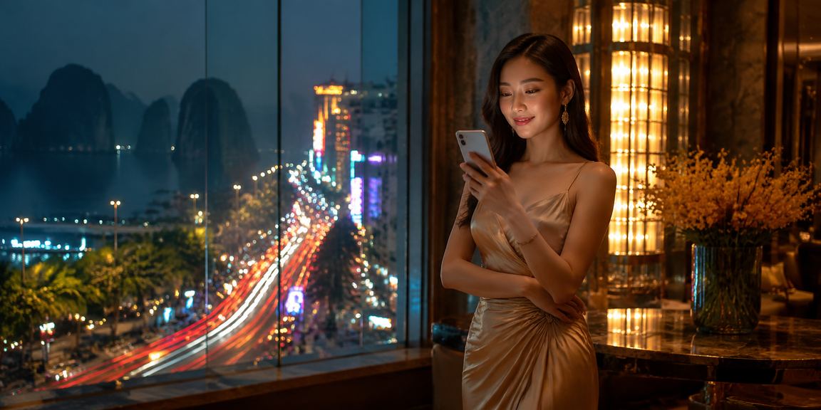 Người dùng trải nghiệm casino trực tuyến qua điện thoại tại Vịnh Hạ Long về đêm
