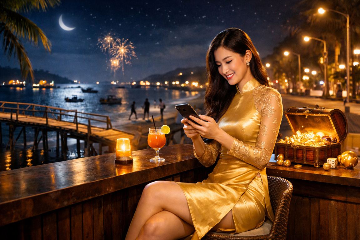 Người phụ nữ mặc áo dài chơi casino trên điện thoại tại Mũi Né